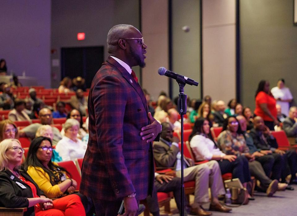 Albert Polk IV, a South Bay city commissioner, questions Tampa General Hospital and Health Care District of Palm Beach County officials at a forum in Belle Glade on Monday, April 28, 2025. Tampa General has agreed to manage Lakeside Medical Center in Belle Glade.
