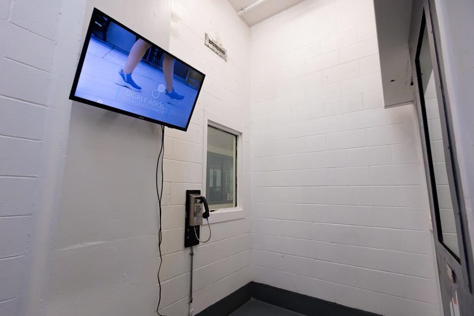 The day room where individuals are allowed to come out for one hour a day if they are housed in a separation cell block, also known as a segregation unit, is seen on Tuesday, April 2, 2025, at the El Paso County Downtown Detention Facility. These cell blocks are monitored by 24/7 surveillance cameras, and inmates are checked on every 30 minutes. They remain in the cell block for 23 hours a day.