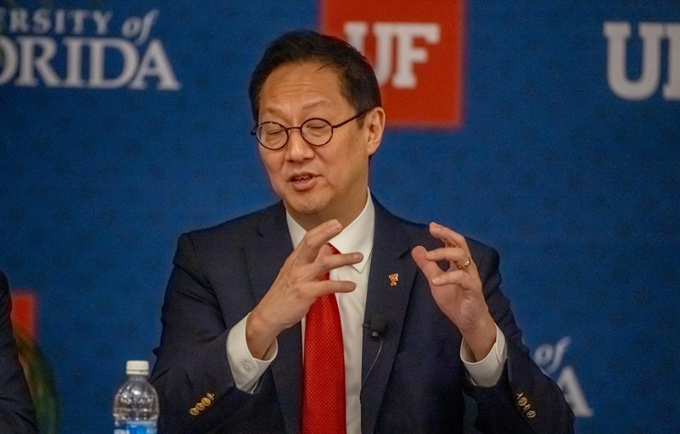 Santa Ono, current present of the University of Michigan and the sole finalist for the same position at the University of Florida, talks during forum on May 6, 2025, at Emerson Alumni Hall in Gainesville.