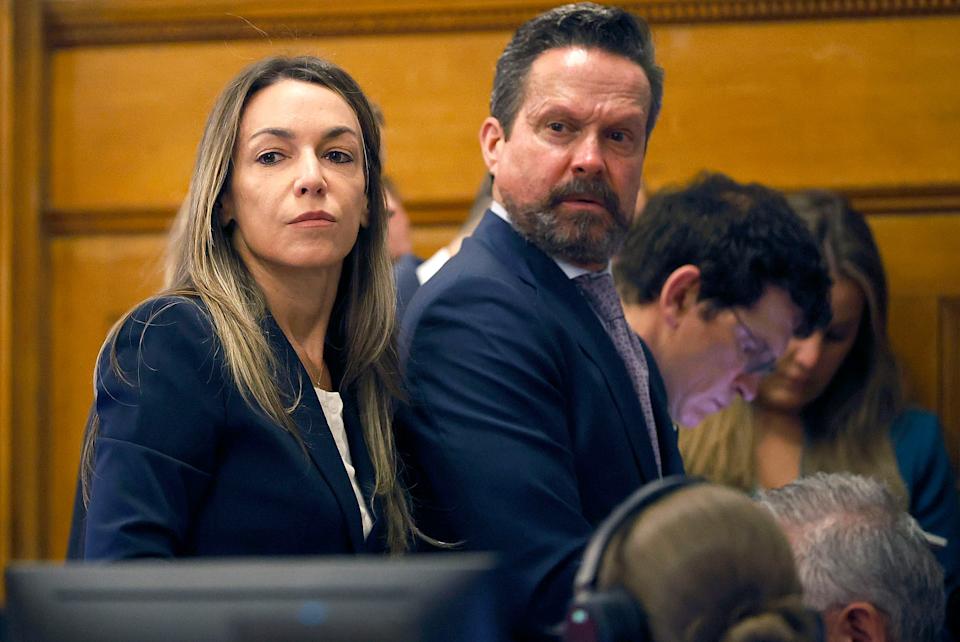 Karen Read and attorney Alan Jackson look at the empty jury box while listening to Judge Cannone during Read's murder trial in Norfolk Superior Court in Dedham, Mass., Wednesday, May 21, 2025. (Greg Derr/The Patriot Ledger via AP, Pool)