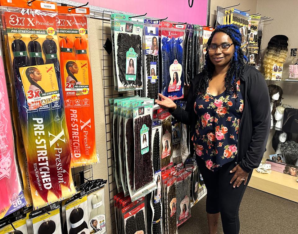 Baxter Beauty Supply owner Carla Baxter shows some of the hair products and accessories she sells at her Redding store at 2295 Hilltop Drive, Suite 4, in the Hartnell Castle building.