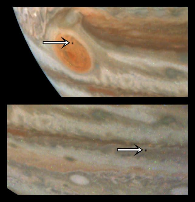 Jupiter and its teeny tiny potato moon Amalthea. (<a href="https://www.nasa.gov/image-article/nasas-juno-mission-spots-jupiters-tiny-moon-amalthea/" rel="nofollow noopener" target="_blank" data-ylk="slk:NASA/JPL-Caltech/SwRI/MSSS;elm:context_link;itc:0;sec:content-canvas" class="link ">NASA/JPL-Caltech/SwRI/MSSS</a>)
