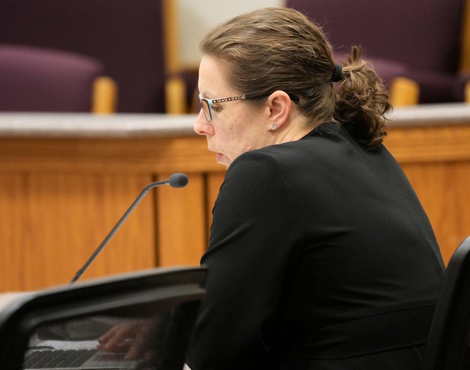 Dodge County District Attorney Andrea Will appears in court as Randall Hepp, former warden of Waupun Correctional Institution, appears April 28 in Dodge County Circuit Court in Juneau for a plea and sentencing hearing regarding the death of an inmate.