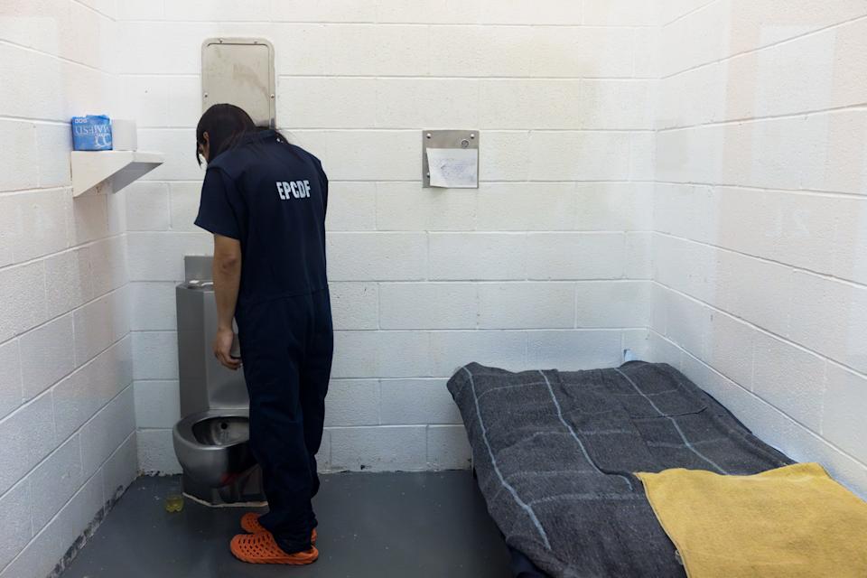 An inmate in a separation cell block brushes his teeth on Tuesday, April 2, 2025, at the El Paso County Downtown Detention Facility. These cell blocks do not have cameras but are subject to regular checks and are designated for individuals who are or were gang members or those with mental health conditions.