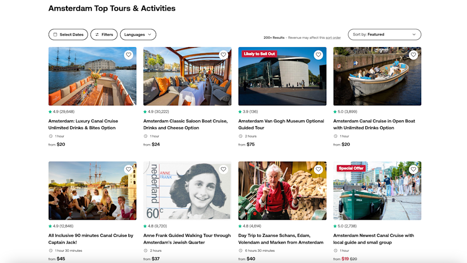 A screenshot of Viator tours