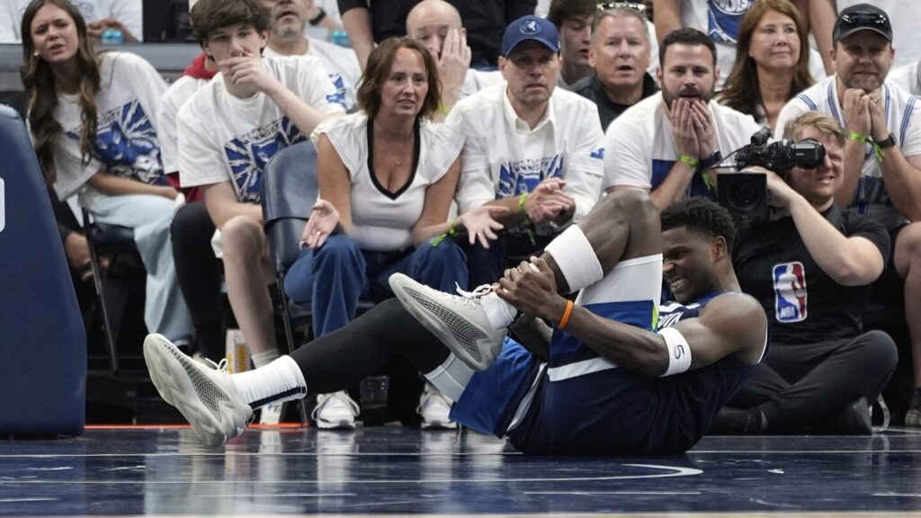 Timberwolves’ Edwards leaves Game 2 with sprained left ankle before returning for 2nd half