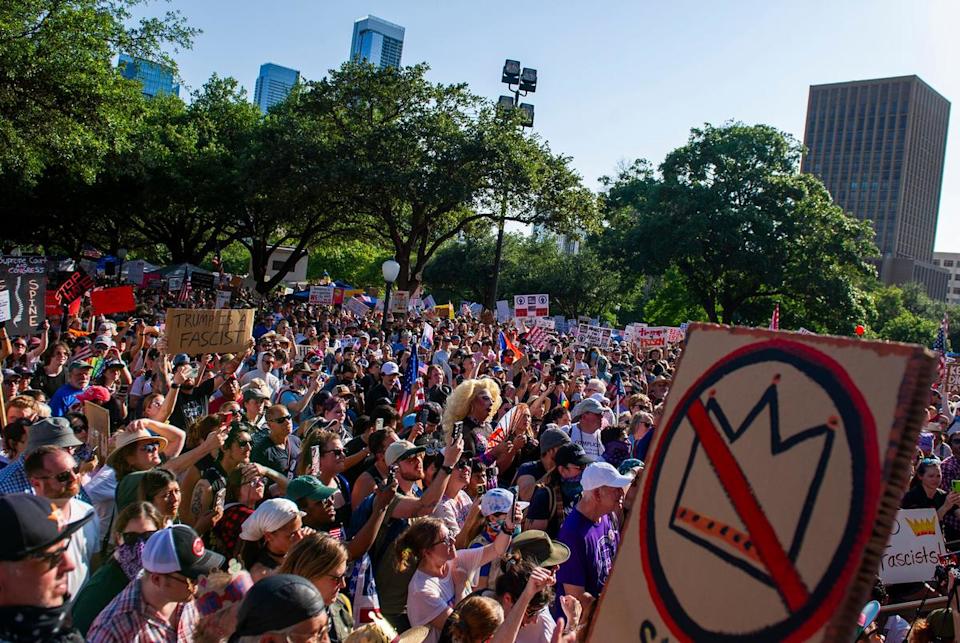 Demonsrators gather at the steps of the State Captial during No Kings protest Saturday June 14, 2025 in Austin, Texas.