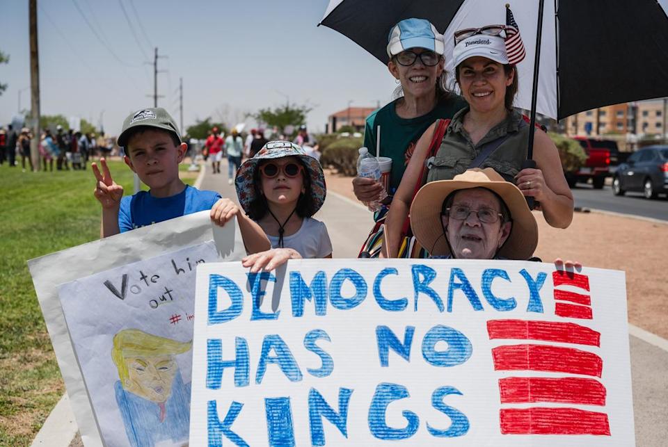 Three generations of the Lepe family ranging from seven to 93 years old at the No Kings protest in El Paso, Texas on June 14, 2025. (Left to right) Jonah Lepe, Zoe Lepe, (children) Margarita Lepe, Margo Lepe, and matriarch Maria Teresa (wheelchair).