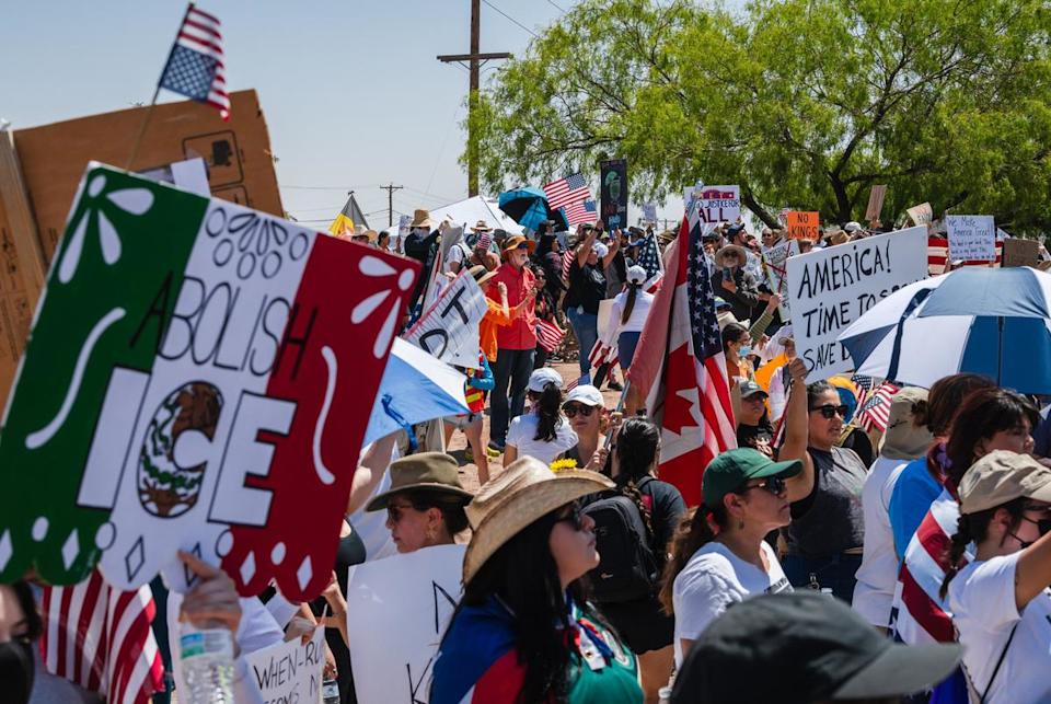 Hundreds of people gather at the intersection of Edgemere and Airway during the No Kings protest in El Paso, Texas on June 14, 2025.