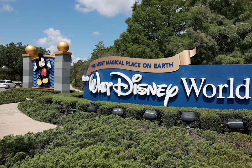 A sign near an entranceway to Walt Disney World on MAY 22, 2023 in Orlando, Florida. Florida Gov. Ron DeSantis is asking that a federal judge be disqualified from the First Amendment lawsuit filed by Walt Disney Co. against the Florida governor and his appointees. The case revolves around the Governor taking over Disney's special governing district after Disney opposed Florida legislation that critics have dubbed "Don't Say Gay."