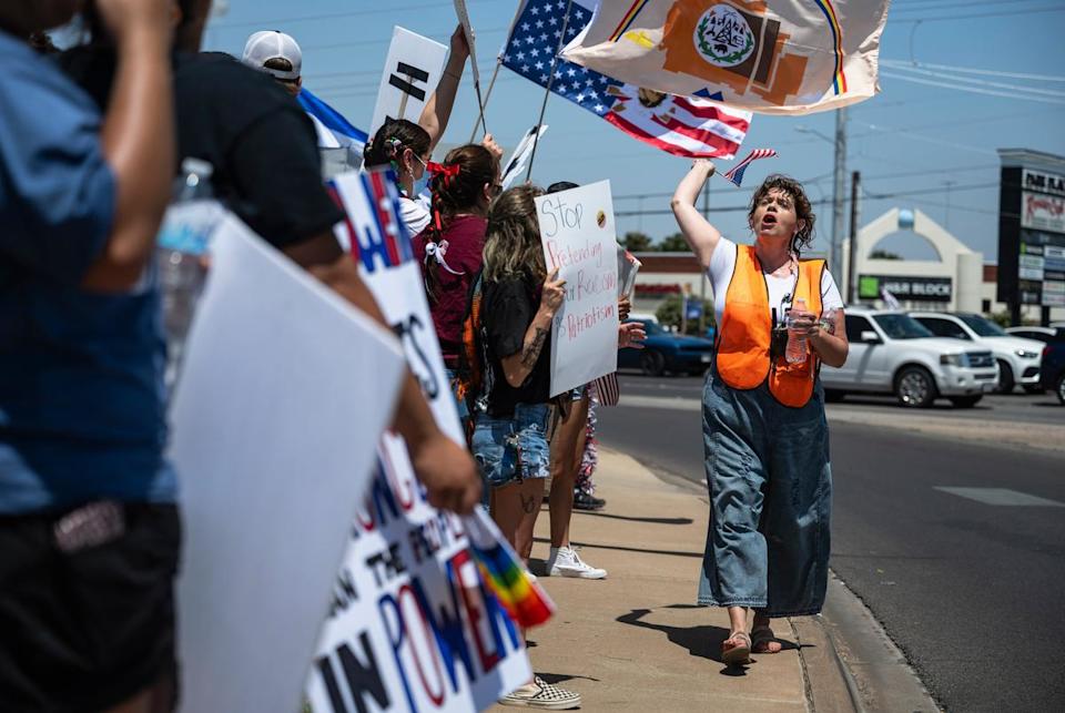 A protest organizer leads a chant during the No Kings Day demonstration on Saturday, June 14, 2025, in Odessa.