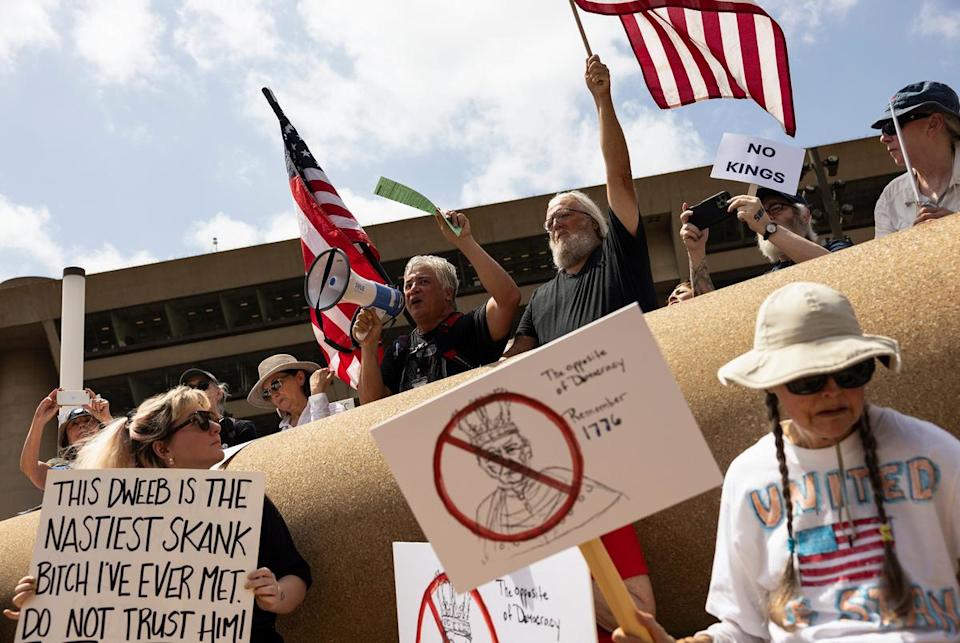 Thousands gather in front of Dallas City Hall to listen to speakers for the No Kings Protest on Saturday, June 14, 2025, in Dallas, Texas. Organized by the 5051 Movement, protests across the state and country were made up of Americans standing up for democracy and against the Trump administration.