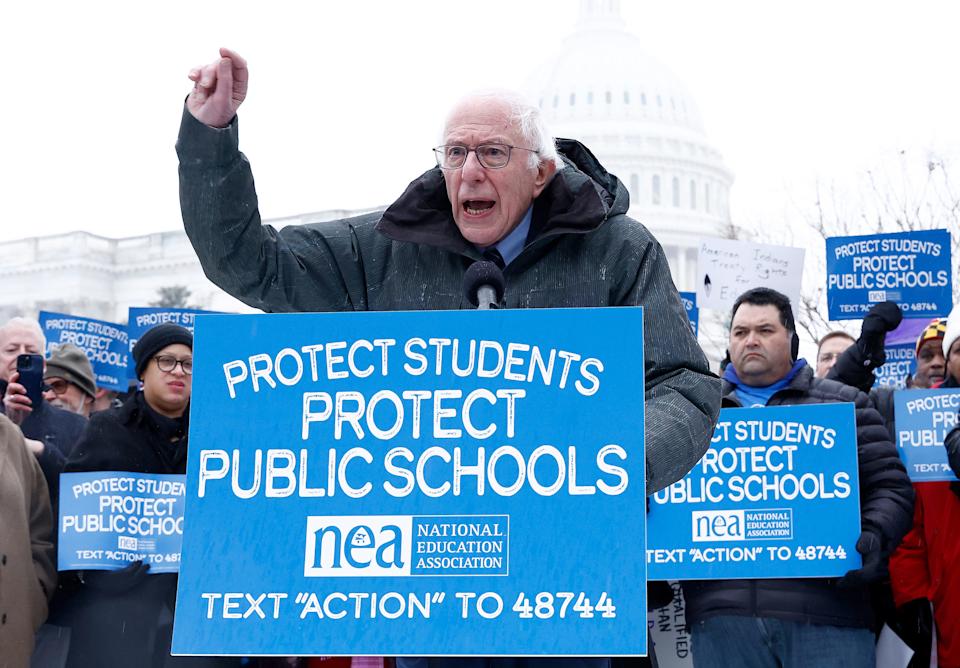 Sen. Bernie Sanders, I-Vt., speaks at rally outside the U.S. Capitol on Feb. 12, 2025, to protect public schools.