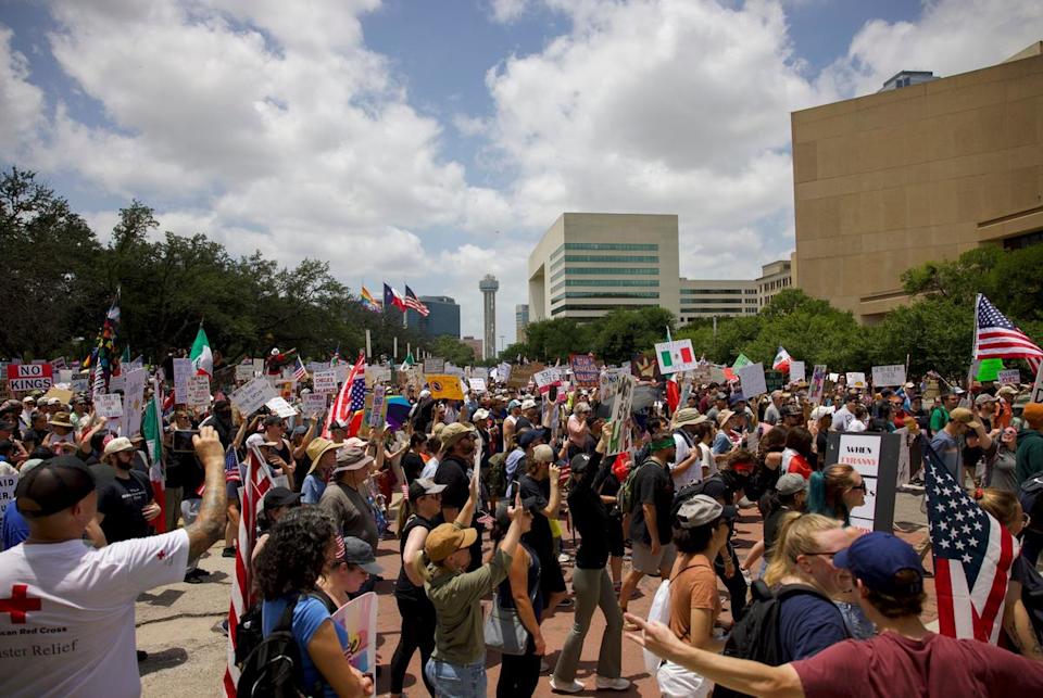Thousands gather in downtown Dallas for the No Kings Protest on Saturday, June 14, 2025.