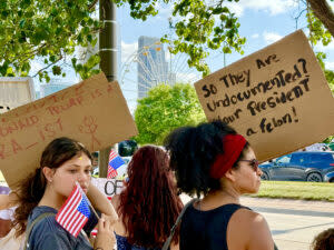 Protesters marched from riverfront toward Charles Schwab Field, where the College World Series is played. (Cindy Gonzalez/Nebraska Examiner)