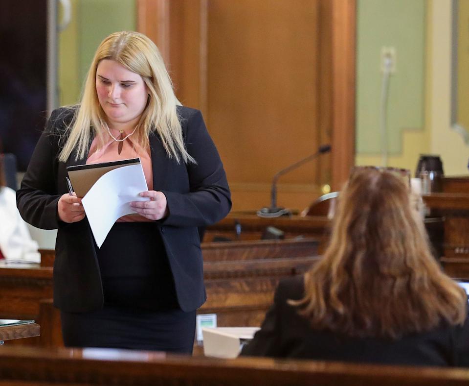 Brown County Assistant District Attorney Claire Lamal returns to the prosecution table after delivering an opening statement to the jury on Monday, June 2, 2025, at the Brown County Courthouse in Green Bay, Wisconsin. Jackson Vogel stands accused of murdering Micah Laureano when the two were cellmates at Green Bay Correctional Insitution in August 2024.
Tork Mason/USA TODAY NETWORK-Wisconsin