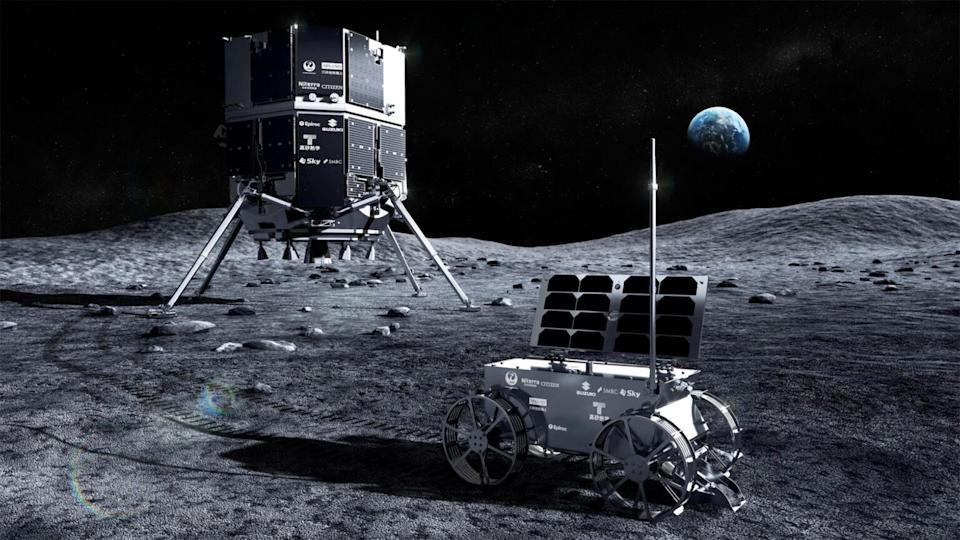 A notional view of ispace's Resilience lander and the microrover Tenacious it is carrying to the moon. / Credit: ispace