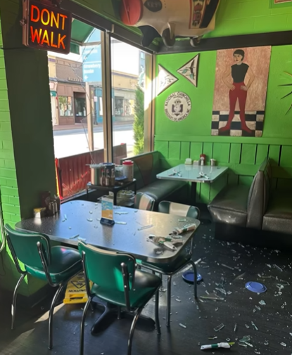 Broken glass is all over the floor at the Friendly Toast after a deer crashed through a window at the Portsmouth restaurant on Congress Street June 20, 2025.