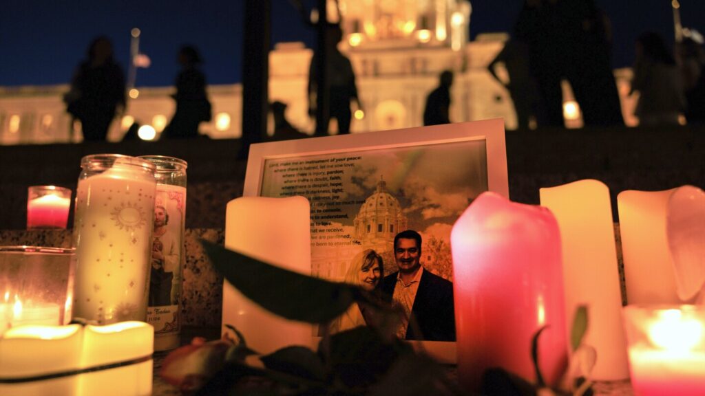 photos of people gathering at Minnesota Capitol to honor slain lawmaker and husband