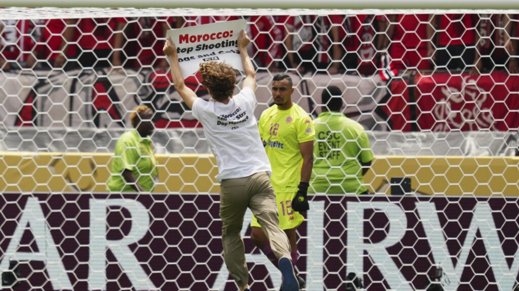 Animal-rights protester runs onto field during Club World Cup match